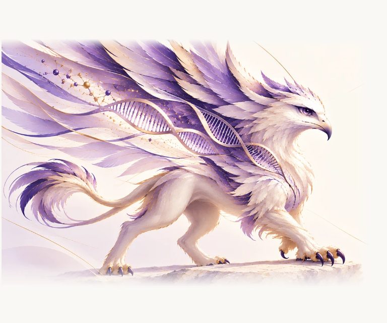 A griffin with a DNA helix woven through its wings, painted in lavender, violet and gold